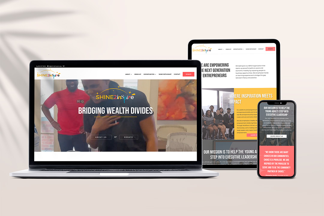 Shine2Inspire website design mockup on laptop, tablet, and phone.